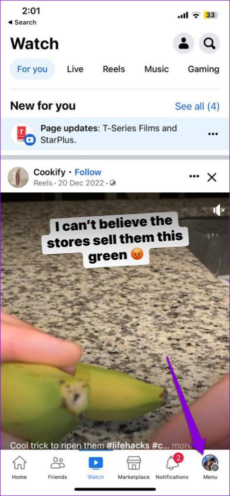 Les 7 meilleures façons de corriger l’erreur Aucune donnée disponible sur Facebook pour Android et iPhone Menu de l'application Facebook pour iPhone