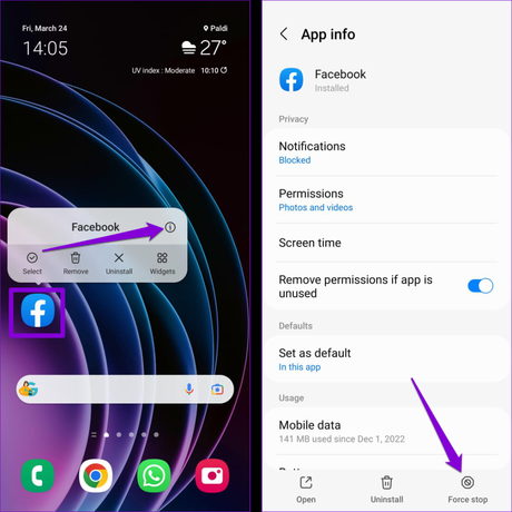 Les 7 meilleures façons de corriger l’erreur Aucune donnée disponible sur Facebook pour Android et iPhone Forcer l'arrêt de l'application Facebook