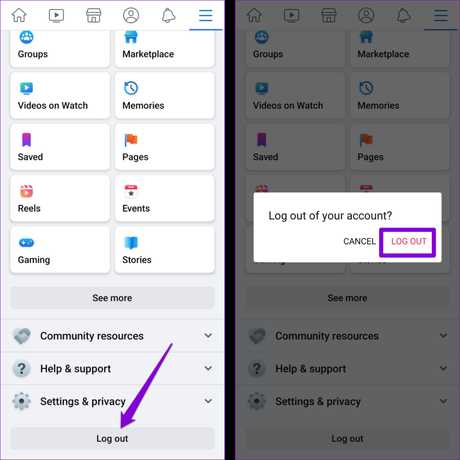 Les 7 meilleures façons de corriger l’erreur Aucune donnée disponible sur Facebook pour Android et iPhone Se déconnecter de l'application Facebook