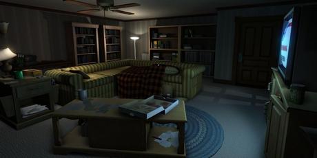 Une capture d'écran du jeu de Gone Home, montrant un salon calme sans personne.  La télé est allumée dans le coin.