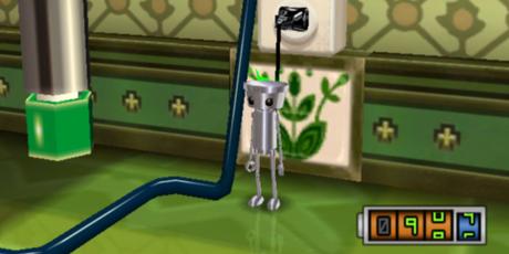 Une capture d'écran de Chibi-Robo, montrant le personnage principal.  Chibi-Robo se recharge dans une prise de courant.