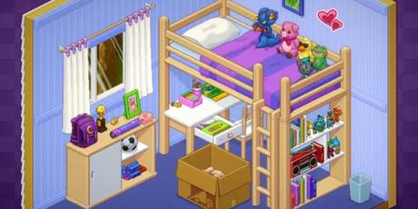 une capture d'écran du gameplay Unpacking.  L'image montre une chambre d'enfant avec des peluches et une boîte.