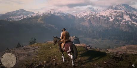 une capture d'écran de Red Dead Redemption 2, montrant le protagoniste principal Arthur Morgan sur le dos d'un cheval.