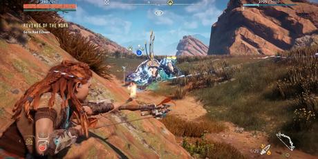 une capture d'écran du gameplay d'Horizon Zero Dawn, représentant le protagoniste principal Aloy avec un arc et des flèches.