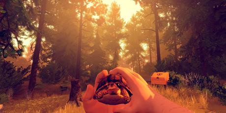 une capture d'écran du gameplay de Firewatch.  Il montre un monde pendant l'heure d'or.
