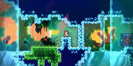 Une capture d'écran du gameplay de la Celeste.  Il montre Celeste dans une grotte avec deux bio-terrariums côte à côte