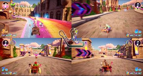 Shrek revient dans le nouveau DreamWorks Kart Racer Une image en écran partagé du gameplay de DreamWorks All-Star Kart Racing mettant en vedette divers personnages de Shrek faisant la course à travers Far Far Away.
