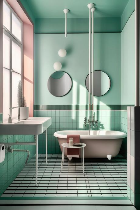 salle de bains rétro décoration pastel rose vert