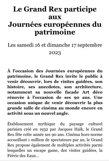 « Le Grand Rex  » Journées européennes du patrimoine  »  16/17 Septembre 2023.