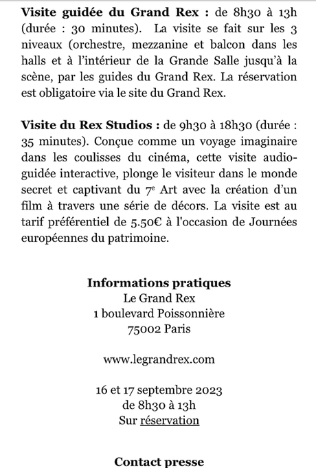 « Le Grand Rex  » Journées européennes du patrimoine  »  16/17 Septembre 2023.