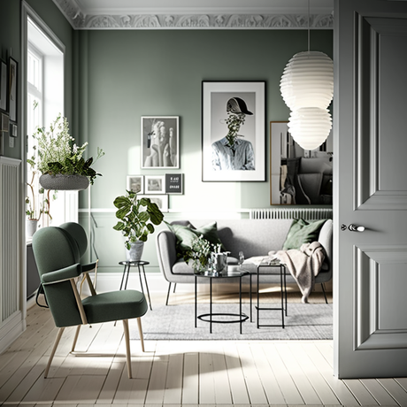 appartement suédois vert blanc décoration salon