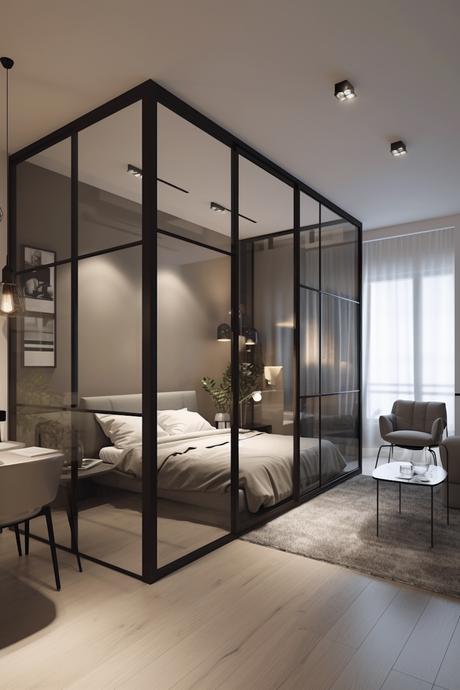 Clemence studio apartment with glass wall to separate LIVING