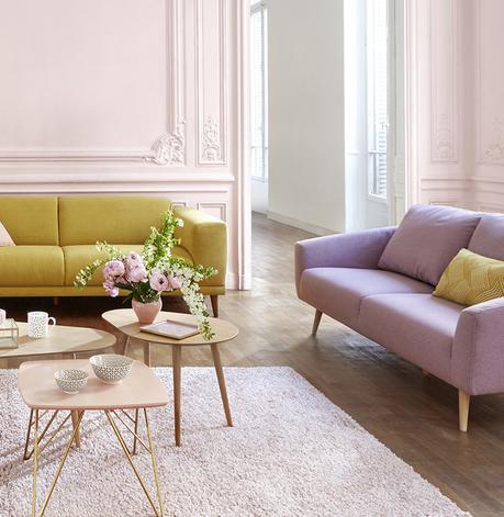 salon couleurs douces pastel rose beige gris interieur lumineux spacieux