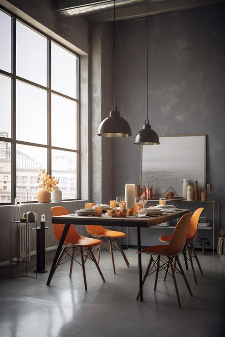 Salle à manger grise : mes inspi déco loft ancienne usine déco brute détail orange Eames chaise