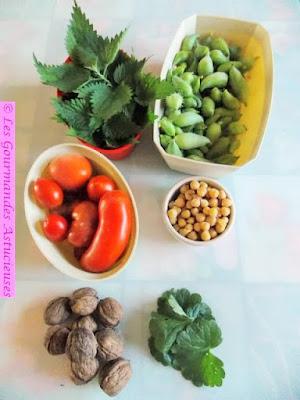 Poêlée de cyclanthères, tomates, noix et écrasée d'orties (Vegan)