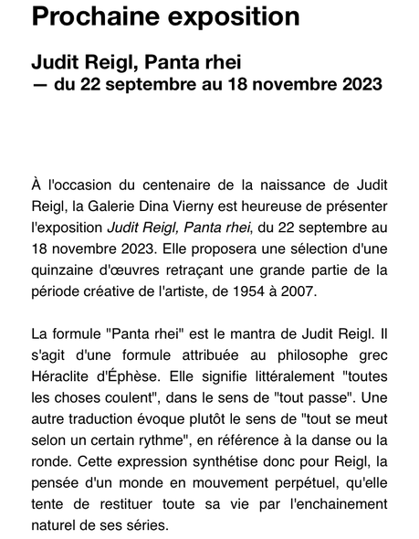 Galerie Dina Vierny  » Judith Reigl  » 22 Septembre 2023.