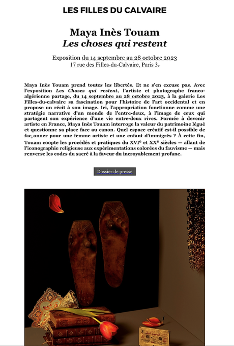 Galerie Filles du calvaire . « Maya Inès Touam » le 14 Septembre 2023.