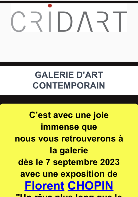 Galerie CRIDART à Metz   » exposition Florent Chopin  » à partir du 7 Septembre 2023.