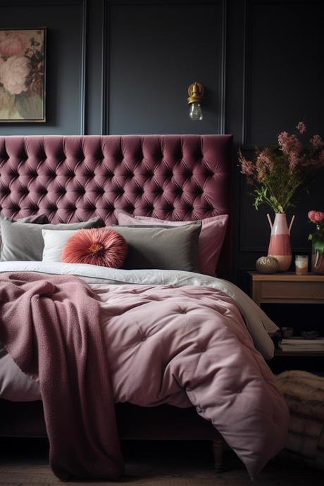 déco boudoir peinture mur bleu profond tête de lit velours rose